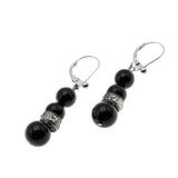 Black & White - Art Deco French Sterling Silver, Black Glass & Crystal Rhinestone Dangly Earrings (ADE039)