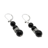 Black & White - Art Deco French Sterling Silver, Black Glass & Crystal Rhinestone Dangly Earrings (ADE039)