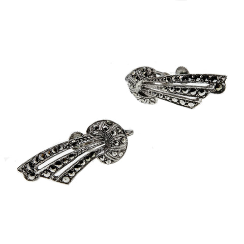 Silvery Tassels - Art Deco Birks Sterling Silver Marcasite Tassel Screw-Back Earrings (ADE035)