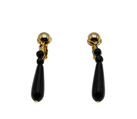 Black & Gold - Vintage Victorian Revival Gold Plated Black Glass Dangly Earrings (VE493)