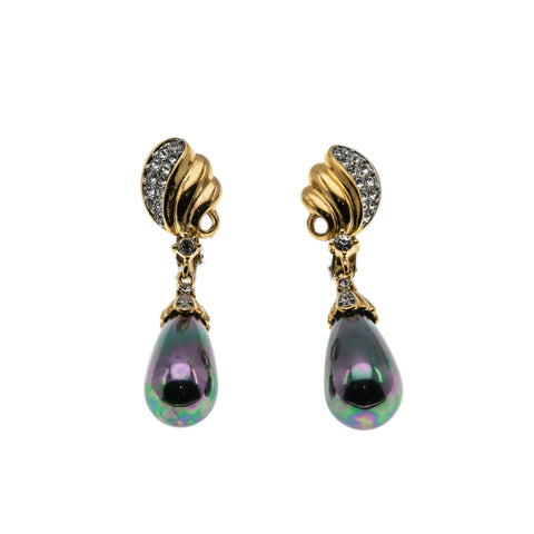 Glitter & Iridescence - Vintage Gold Plated Pearl (Simulated) Crystal Rhinestone Clip-On Dangly Earrings (VE494)