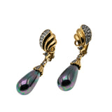 Glitter & Iridescence - Vintage Gold Plated Pearl (Simulated) Crystal Rhinestone Clip-On Dangly Earrings (VE494)