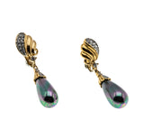 Glitter & Iridescence - Vintage Gold Plated Pearl (Simulated) Crystal Rhinestone Clip-On Dangly Earrings (VE494)