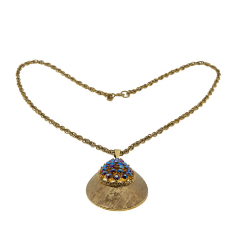 Sarah Coventry - Vintage Signed 'Sarah Cov' Gold Plated Aurora Borealis Crystal Rhinestone Pendant & Chain (VP268)