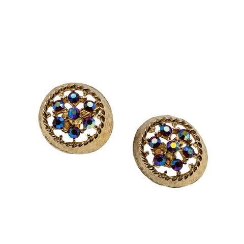 Sarah Coventry - Vintage Signed 'Sarah Coventry' Gold Plated Aurora Borealis Rhinestone Clip-On Earrings (VE495)