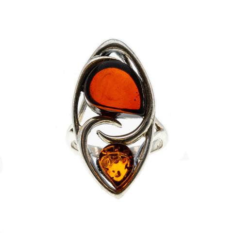 Ember Magic - Vintage Sterling Silver Natural Baltic Cherry & Cognac Amber Marquise Ring (VR838)