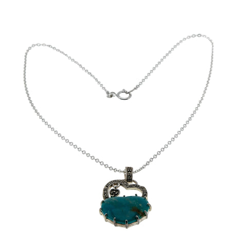 Heart To Heart  - Vintage Sterling Silver Turquoise & Marcasite Pendant & Chain (VP269)