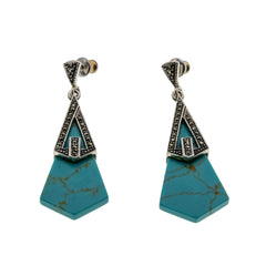 Art Deco Revival - Vintage Sterling Silver Turquoise & Marcasite Dangly Earrings (VE497)