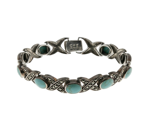 Blue Sky - Vintage Sterling Silver Turquoise &  Rose Cut Marcasite Tennis Bracelet (VB143)