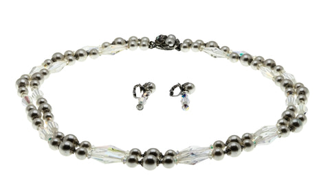 Winter Wonderland - Vintage Signed Sherman Rhodium Plated Austrian Swarovski Aurora Borealis Crystal Pearl & Clip On Earring Set (VN243)