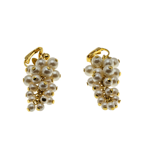 Cascade Of Pearls - Vintage Gold Plated Simulated Pearl 'Grapes & Vines' Cluster Dangly Clip-On Earrings (VE500)