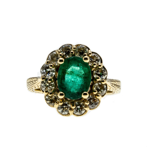 Layaway For Client : Emerald City - Vintage 14K Gold Natural Emerald & Diamond Cluster Ring (VR840)