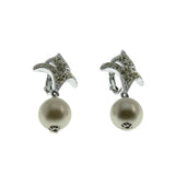 Champagne & Crystals - Vintage Signed Sarah Coventry Rhodium Plated Pearl & Crystal Rhinestone Clip-On Dangly Earrings (VE502)