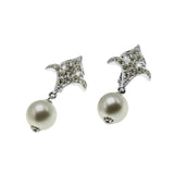 Champagne & Crystals - Vintage Signed Sarah Coventry Rhodium Plated Pearl & Crystal Rhinestone Clip-On Dangly Earrings (VE502)