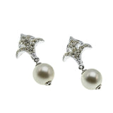Champagne & Crystals - Vintage Signed Sarah Coventry Rhodium Plated Pearl & Crystal Rhinestone Clip-On Dangly Earrings (VE502)