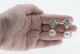 Champagne & Crystals - Vintage Signed Sarah Coventry Rhodium Plated Pearl & Crystal Rhinestone Clip-On Dangly Earrings (VE502)