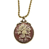 Dusty Rose & Ivory - Vintage Victorian Revival Signed Sarah Coventry Gold Plated Floral Cameo Pendant & Chain (VP275)