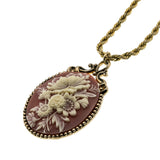 Dusty Rose & Ivory - Vintage Victorian Revival Signed Sarah Coventry Gold Plated Floral Cameo Pendant & Chain (VP275)
