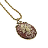 Dusty Rose & Ivory - Vintage Victorian Revival Signed Sarah Coventry Gold Plated Floral Cameo Pendant & Chain (VP275)