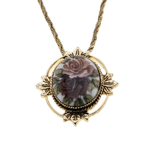 Flowers & Foliage - Vintage Victorian Revival Signed Sarah Coventry Gold Plated Porcelain Floral  Pendant & Chain (VP276)