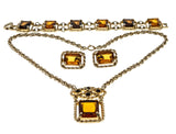 Warm Autumn Days - Vintage Signed Sarah Coventry Gold Plated  Amber & Cognac Crystal Necklace, Bracelet & Clip-On Earring Set (VN247)