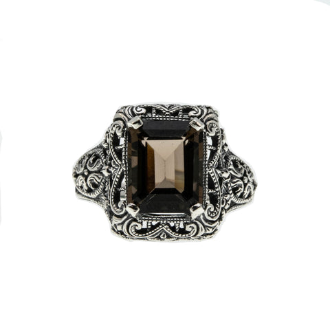 Cognac Jewel - Estate Sterling Silver Smoky Quartz Filigree Ring (ER296)