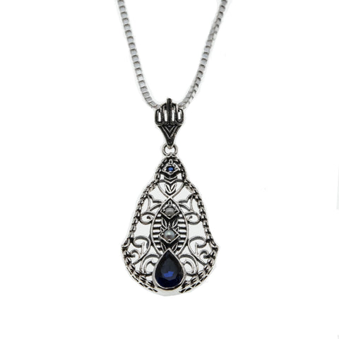 Indigo Jewel - Estate Sterling Silver Blue Sapphire & Pearl Pendant & Chain (EP060)