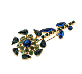 Shades Of Blue & A Touch Of Green - Vintage Gold Plated Crystal Rhinestone Flower Brooch (VBR328)