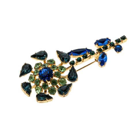 Shades Of Blue & A Touch Of Green - Vintage Gold Plated Crystal Rhinestone Flower Brooch (VBR328)