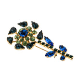 Shades Of Blue & A Touch Of Green - Vintage Gold Plated Crystal Rhinestone Flower Brooch (VBR328)