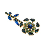 Shades Of Blue & A Touch Of Green - Vintage Gold Plated Crystal Rhinestone Flower Brooch (VBR328)