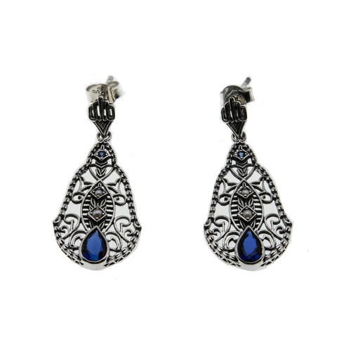 Indigo Jewel - Estate Sterling Silver Blue Sapphire & Seed Pearl Filigree Earrings (EE214)