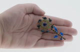 Shades Of Blue & A Touch Of Green - Vintage Gold Plated Crystal Rhinestone Flower Brooch (VBR328)