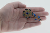 Shades Of Blue & A Touch Of Green - Vintage Gold Plated Crystal Rhinestone Flower Brooch (VBR328)