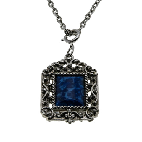 Victorian Revival - Vintage Silver Tone Lapis Lazuli (Simulated) Ornate Pendant & Chain (VP278)