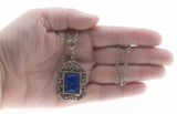 Victorian Revival - Vintage Silver Tone Lapis Lazuli (Simulated) Ornate Pendant & Chain (VP278)