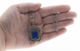 Victorian Revival - Vintage Silver Tone Lapis Lazuli (Simulated) Ornate Pendant & Chain (VP278)