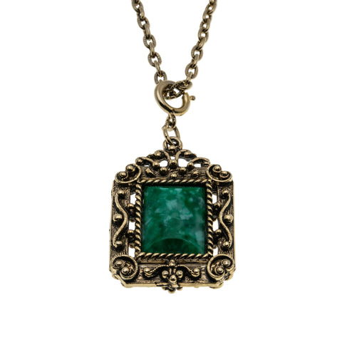 Victorian Revival - Vintage Gold Plated Simulated Mottled Malachite Ornate Pendant & Chain (VP279)