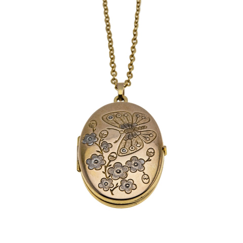 Butterfly & Flowers - Vintage English 9K Gold Engraved Floral Locket Pendant & GP Chain (VP280)