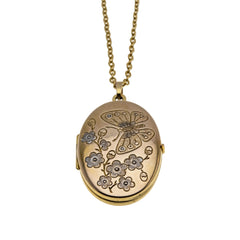 Butterfly & Flowers - Vintage English 9K Gold Engraved Floral Locket Pendant & GP Chain (VP280)