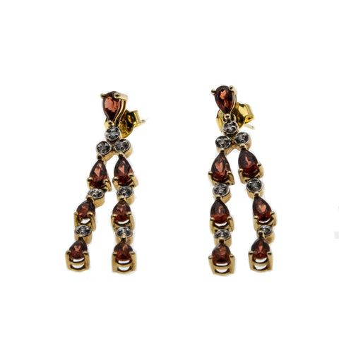 Glittering Dreams - Vintage 10K Gold Natural Garnet & Diamond Dangly Earrings (VE382)
