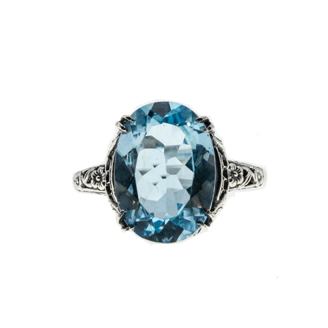 Ocean View - Estate Sterling Silver Natural Blue Topaz Floral Filigree Ring (ER307)