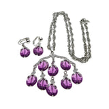 Purple Rain - Vintage Signed 'Sarah Coventry' Silver Tone Simulated Amethyst Chandelier Pendant, Chain & Clip On Earring Set (VN250)