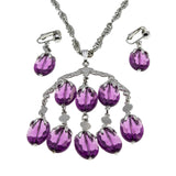 Purple Rain - Vintage Signed 'Sarah Coventry' Silver Tone Simulated Amethyst Chandelier Pendant, Chain & Clip On Earring Set (VN250)