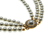 Faux Fabulous - Vintage Gold Plated Simulated Pearl & Crystal Rhinestone Triple Strand Necklace (VN251)