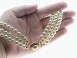 Faux Fabulous - Vintage Gold Plated Simulated Pearl & Crystal Rhinestone Triple Strand Necklace (VN251)