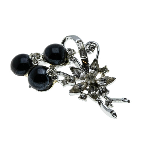 Bouquet of Elegance - Vintage Rhodium Plated Black Glass & Crystal Rhinestone Flower Brooch  (VBR332)