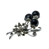 Bouquet of Elegance - Vintage Rhodium Plated Black Glass & Crystal Rhinestone Flower Brooch  (VBR332)