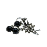 Bouquet of Elegance - Vintage Rhodium Plated Black Glass & Crystal Rhinestone Flower Brooch  (VBR332)