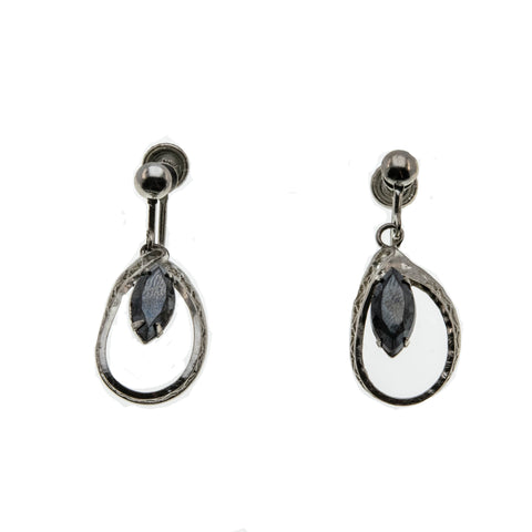 Alaskan Nights - Vintage Signed 'Titan' Sterling Silver Marquise Black Alaskan Diamond Screw-On Dangly Earrings (VE385)